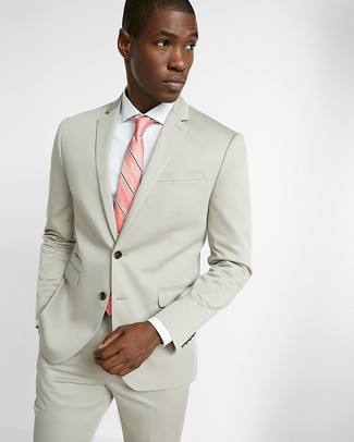 Men's Beige Suit, White Dress Shirt, Pink Vertical Striped Tie
