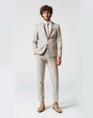 Men's Beige Suit, White Dress Shirt, Tan Suede Derby Shoes, Beige Tie