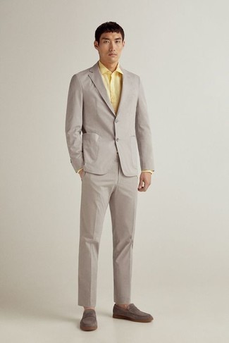 Beige Suit Outfits: Teaming a beige suit with a yellow dress shirt is a savvy choice for a sharp and classy getup. Dark brown suede loafers are guaranteed to bring a touch of stylish casualness to this getup.