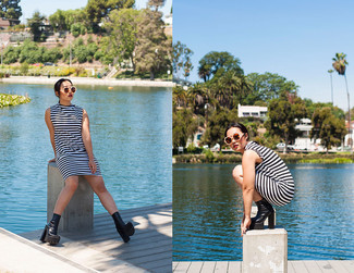 White and Black Horizontal Striped Shift Dress Outfits: 