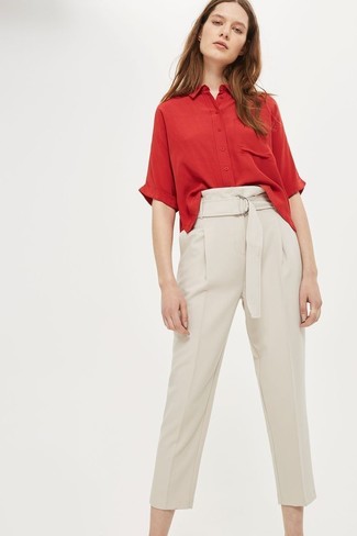 Women's Beige Tapered Pants, Red Short Sleeve Button Down Shirt