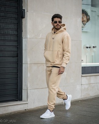 White and Navy Athletic Shoes Outfits For Men: Dress in a beige track suit, if you want to dress for comfort without looking like a slob to look dapper. White and navy athletic shoes are an effective way to breathe an extra dose of style into this outfit.