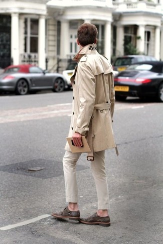 Tobacco Suede Monks Outfits: This pairing of a beige trenchcoat and beige chinos is really a statement-maker. Finishing with a pair of tobacco suede monks is the most effective way to bring a sense of sophistication to your ensemble.
