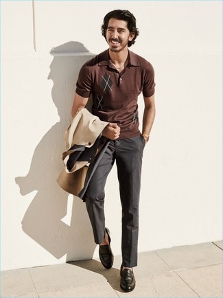 Dark Brown Polo Outfits For Men: A dark brown polo and charcoal dress pants paired together are a perfect match. Not sure how to finish this ensemble? Finish with a pair of black leather loafers to kick it up.
