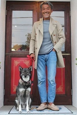 Tan Trenchcoat Outfits For Men: Consider pairing a tan trenchcoat with light blue jeans if you seek to look dapper without too much work. For a dressier twist, complete this ensemble with a pair of beige suede loafers.