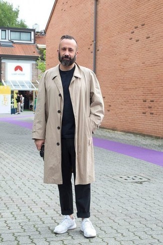 Men's Beige Trenchcoat, Navy Crew-neck T-shirt, Black Chinos, White Athletic Shoes