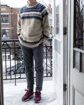 Grey Wool Chinos Outfits: The versatility of a beige fair isle turtleneck and grey wool chinos ensures they'll always be on regular rotation. If you don't want to go all out formal, complete this look with a pair of burgundy athletic shoes.