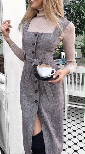 Grey Wool Sheath Dress Outfits: A smart casual combo of a grey wool sheath dress and a beige turtleneck can be relevant in a ton of occasions. Black suede over the knee boots will be a welcome addition for this getup.