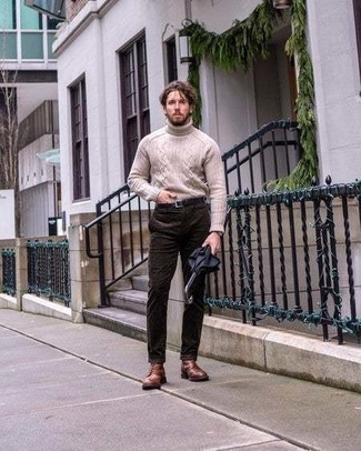 Beige Wool Turtleneck Outfits For Men: Why not marry a beige wool turtleneck with dark brown corduroy chinos? As well as totally comfortable, both items look amazing combined together. Bump up the wow factor of your ensemble by slipping into a pair of brown leather casual boots.