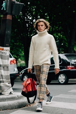 Beige Wool Turtleneck Outfits For Men: If you're searching for an off-duty yet seriously stylish look, consider wearing a beige wool turtleneck and khaki plaid chinos. Puzzled as to how to finish off? Complete this ensemble with black print canvas high top sneakers for a more relaxed vibe.