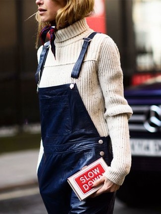 Navy Overalls Outfits: This casual combo of a beige knit turtleneck and navy overalls comes in useful when you need to look chic but have zero time.