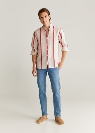 Beige Vertical Striped Long Sleeve Shirt Outfits For Men: This laid-back pairing of a beige vertical striped long sleeve shirt and light blue jeans is a safe option when you need to look cool and casual in a flash. The whole outfit comes together if you finish off with tan suede espadrilles.
