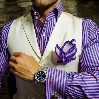 Purple Pocket Square Outfits: A beige waistcoat and a purple pocket square are bona fide menswear staples if you're crafting a casual closet that holds to the highest fashion standards.