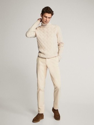 Beige Knit Wool Turtleneck Outfits For Men: A beige knit wool turtleneck and beige chinos are a smart ensemble worth incorporating into your off-duty routine. Put an elegant spin on your look by rocking brown suede desert boots.