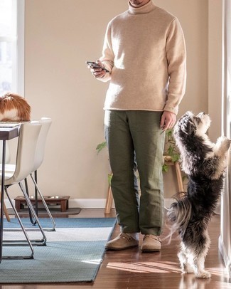 Tan Suede Monks Outfits: This combination of a beige wool turtleneck and olive chinos looks pulled together and immediately makes you look dapper. Tan suede monks are the most effective way to transform this getup.