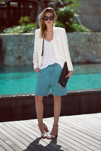 Women's White Leather Heeled Sandals, Blue Denim Bermuda Shorts, White V-neck T-shirt, White Blazer