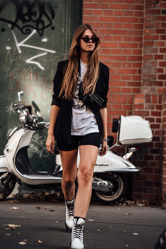 Women's White Leather Lace-up Flat Boots, Black Bike Shorts, White and Black Print Crew-neck T-shirt, Black Blazer