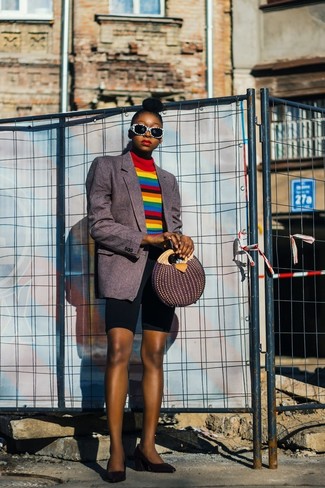 Women's Black Leather Pumps, Black Bike Shorts, Multi colored Horizontal Striped Turtleneck, Charcoal Vertical Striped Blazer