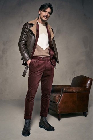 Dark Brown Leather Biker Jacket Outfits For Men: For a laid-back outfit with a modern spin, you can opt for a dark brown leather biker jacket and burgundy corduroy chinos. Go the extra mile and shake up your look by slipping into black leather casual boots.
