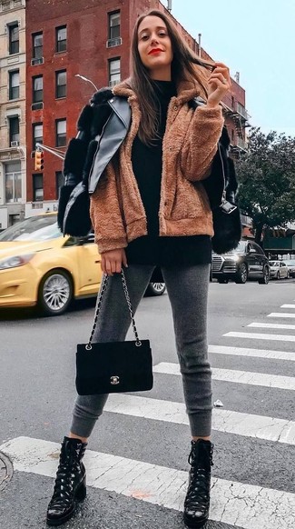 Black Suede Crossbody Bag Outfits: A black leather biker jacket and a black suede crossbody bag are the kind of stylish casual pieces that you can wear for years to come. Let your outfit coordination sensibilities truly shine by completing your outfit with a pair of black leather lace-up ankle boots.