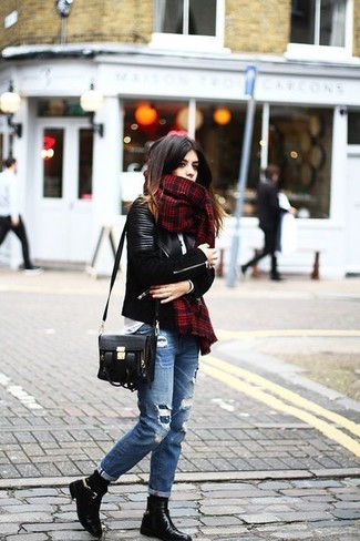 Burgundy Plaid Scarf Outfits For Women: Go for a pared down but edgy and casual choice combining a black quilted leather biker jacket and a burgundy plaid scarf. A trendy pair of black leather ankle boots is an easy way to add a little kick to the outfit.