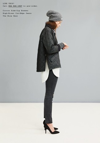 Charcoal Ripped Skinny Jeans Outfits: Make a black quilted biker jacket and charcoal ripped skinny jeans your outfit choice to get a relaxed casual and comfy ensemble. Got bored with this getup? Enter black suede pumps to shake things up.