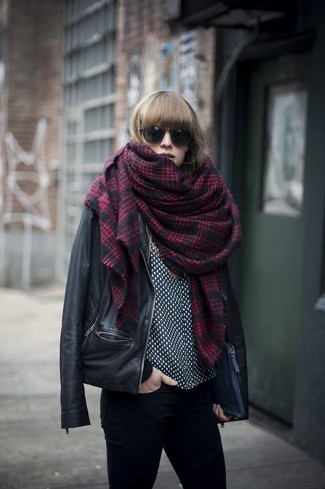 Red Plaid Scarf Outfits For Women: This casual pairing of a black leather biker jacket and a red plaid scarf is very easy to pull together in no time, helping you look on-trend and ready for anything without spending too much time searching through your wardrobe.