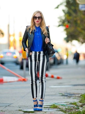 Navy Suede Pumps Outfits: For an outfit that's super simple but can be modified in a great deal of different ways, pair a black leather biker jacket with black and white vertical striped skinny jeans. Want to break out of the mold? Then why not add navy suede pumps to the mix?