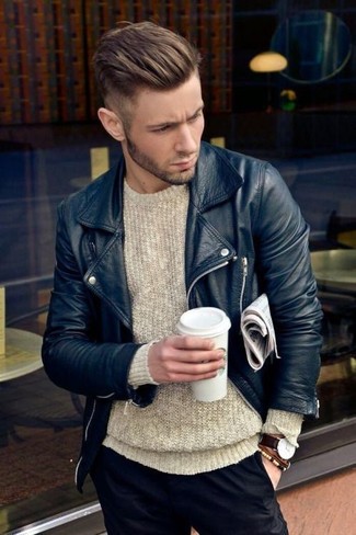 Tan Cable Sweater Outfits For Men: You're looking at the indisputable proof that a tan cable sweater and black chinos are amazing when paired together in an off-duty getup.