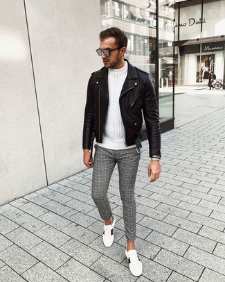 White Cable Sweater Outfits For Men: A white cable sweater and grey plaid chinos are must-have menswear elements to have in the off-duty part of your wardrobe. Let your styling savvy really shine by completing your look with white print leather low top sneakers.
