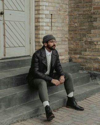 Men's Black Leather Biker Jacket, Grey Cable Sweater, White Dress Shirt, Olive Chinos