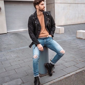 Beige Cable Sweater Outfits For Men: A beige cable sweater and light blue ripped jeans work together harmoniously. In the shoe department, go for something on the smarter end of the spectrum by rocking black leather casual boots.