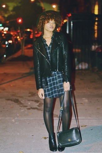 Black Plaid Casual Dress Outfits: This relaxed casual pairing of a black plaid casual dress and a black leather biker jacket is a surefire option when you need to look good in a flash. Rounding off with black leather ankle boots is a guaranteed way to bring some extra glam to this outfit.