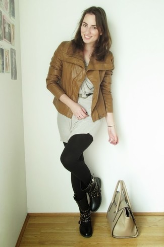 Women's Tobacco Leather Biker Jacket, Grey Casual Dress, Black Leggings, Black Studded Leather Mid-Calf Boots