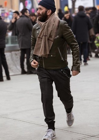 Tan Scarf Outfits For Men: Pair an olive leather biker jacket with a tan scarf for a stylish and easy-going ensemble. If you need to effortlessly lift up this ensemble with a pair of shoes, why not complement your ensemble with grey athletic shoes?