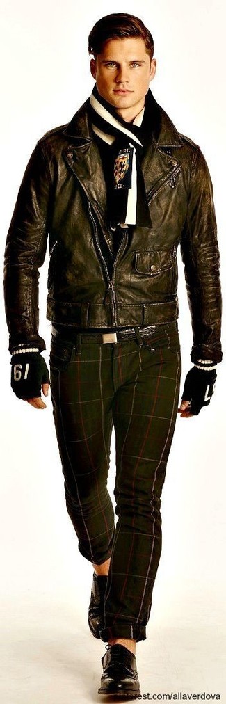 Olive Leather Biker Jacket Outfits For Men: If you don't like spending too much time on your looks, pair an olive leather biker jacket with dark green plaid chinos. Put a different spin on your look by wearing a pair of dark brown leather derby shoes.