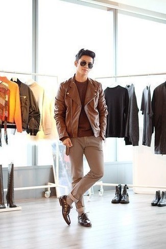 Men's Brown Leather Biker Jacket, Brown Crew-neck Sweater, Khaki Chinos, Brown Leather Derby Shoes