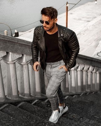 Black Crew-neck Sweater Outfits For Men: A black crew-neck sweater and grey plaid chinos are a combo that every dapper gentleman should have in his off-duty arsenal. The whole getup comes together if you add a pair of white and black leather low top sneakers to your look.