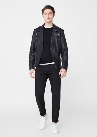 Men's Black Leather Biker Jacket, Black Crew-neck Sweater, White Crew-neck T-shirt, Black Chinos