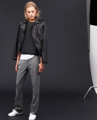 Charcoal Crew-neck Sweater Outfits For Women: If you're all about relaxed styling when it comes to your personal style, you'll love this seriously chic combination of a charcoal crew-neck sweater and grey sweatpants. The whole ensemble comes together really well if you complete your look with a pair of white low top sneakers.