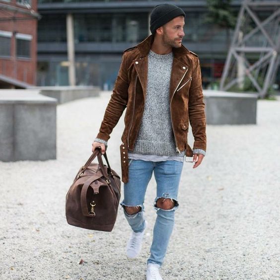 Men's Brown Suede Biker Jacket, Grey Crew-neck Sweater, Grey Crew-neck  T-shirt, Light Blue Ripped Skinny Jeans