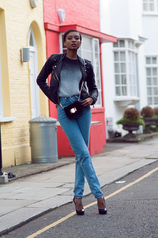 Black Leather Pumps Outfits: For a cool and casual outfit, try pairing a black leather biker jacket with blue jeans — these two pieces work beautifully together. To introduce some extra fanciness to your ensemble, complete your getup with black leather pumps.