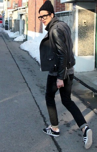 Charcoal Biker Jacket Outfits For Men: This combo of a charcoal biker jacket and black jeans is beyond stylish and creates instant appeal. Black and white suede low top sneakers complement this getup very nicely.