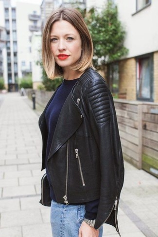 Black Clutch Casual Outfits: Display your outfit coordination skills by wearing this casual combination of a black leather biker jacket and a black clutch.