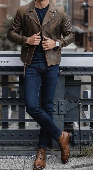 Dark Brown Leather Biker Jacket Outfits For Men: When the setting permits off-duty style, you can wear a dark brown leather biker jacket and navy jeans. Kick up the appeal of this ensemble by sporting brown leather casual boots.