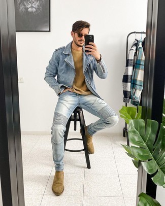 Tan Suede Chelsea Boots Outfits For Men: Consider pairing a light blue biker jacket with light blue ripped jeans for relaxed dressing with a twist. Bump up the cool of this outfit with a pair of tan suede chelsea boots.
