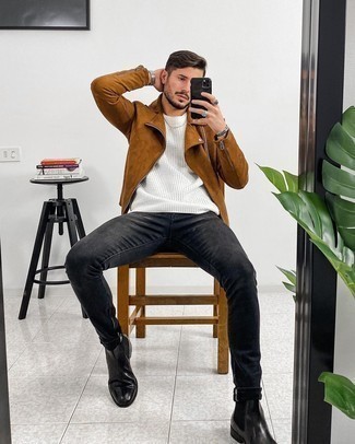 Brown Biker Jacket Outfits For Men: Want to inject your menswear collection with some fashion-forward cool? Reach for a brown biker jacket and charcoal jeans. If you wish to easily dial up this look with footwear, complement your outfit with a pair of black leather chelsea boots.