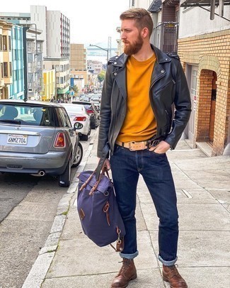 Violet Canvas Backpack Outfits For Men: A black leather biker jacket and a violet canvas backpack are awesome menswear items to add to your daily lineup. For maximum impact, introduce a pair of dark brown leather casual boots to the mix.