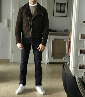 Dark Brown Suede Biker Jacket Outfits For Men: If you would like take your casual style game up a notch, pair a dark brown suede biker jacket with black jeans. A pair of white canvas low top sneakers will be the perfect complement to this ensemble.