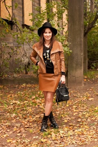 Mid-Calf Boots Outfits: This casual pairing of a brown leather biker jacket and a tobacco leather pencil skirt is very easy to pull together without a second thought, helping you look chic and ready for anything without spending too much time rummaging through your wardrobe. Mid-calf boots integrate effortlessly within a multitude of combos.